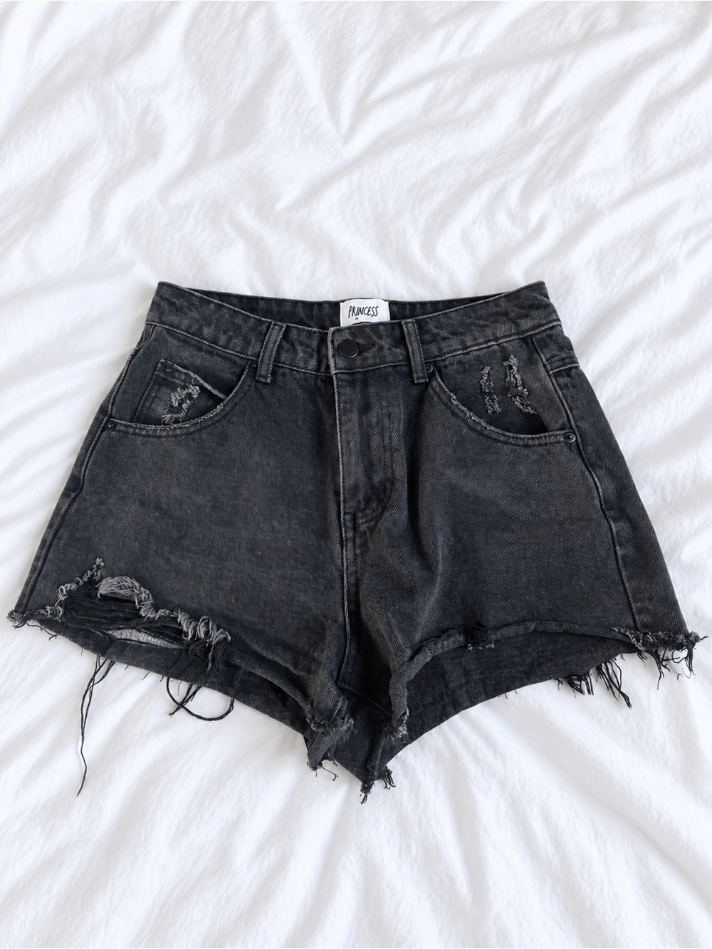 Princess Polly Washed Black Distressed High-Rise Denim Shorts